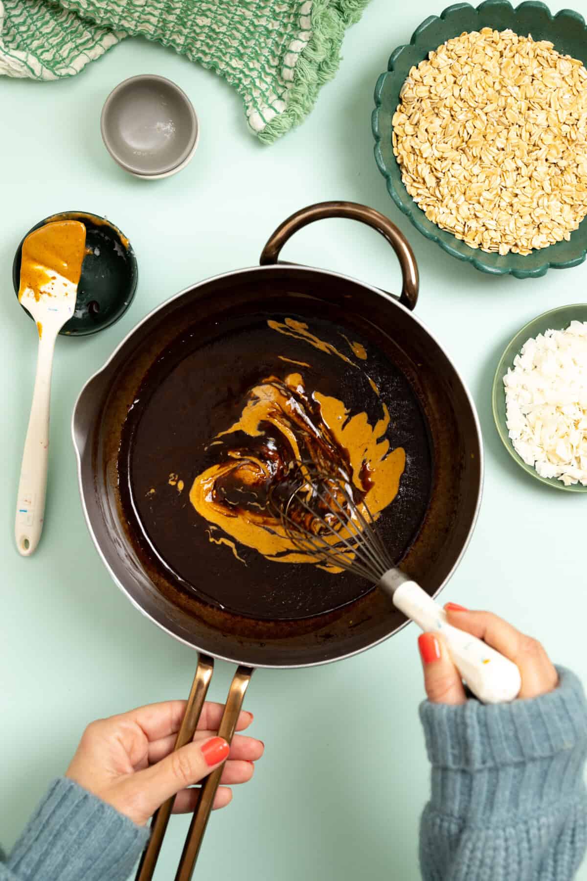 stirring in peanut butter and vanilla