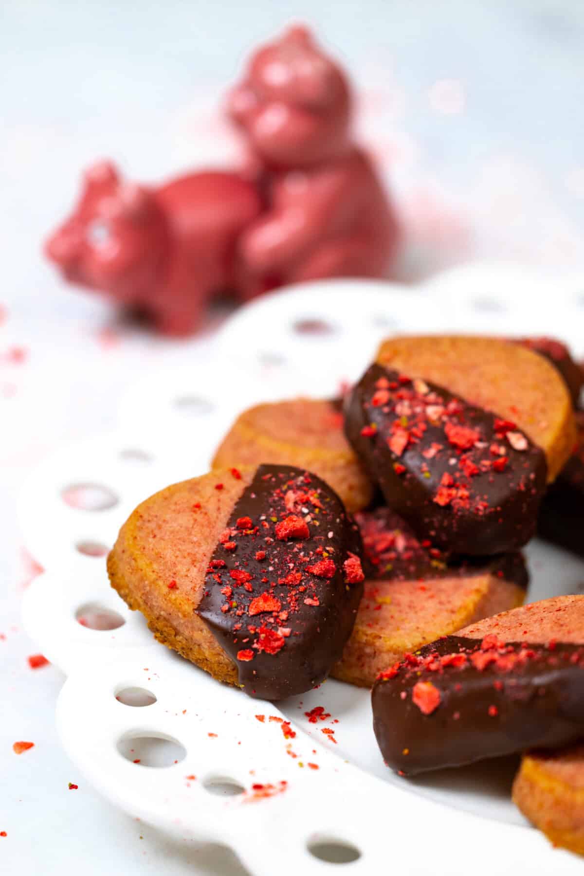 Chocolate Dipped Strawberry Cookies on a plate
