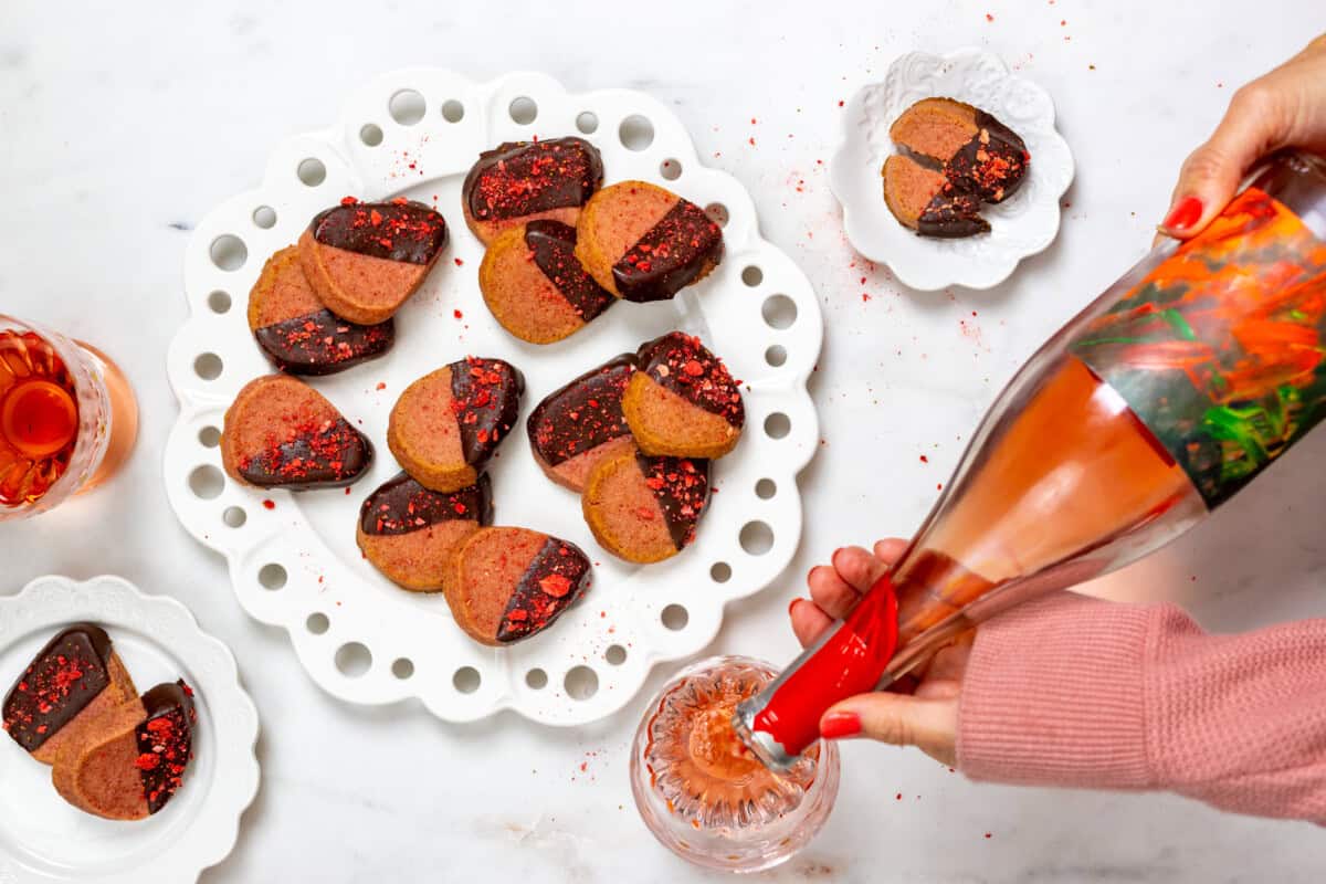 Chocolate Dipped Strawberry Cookies with rosé