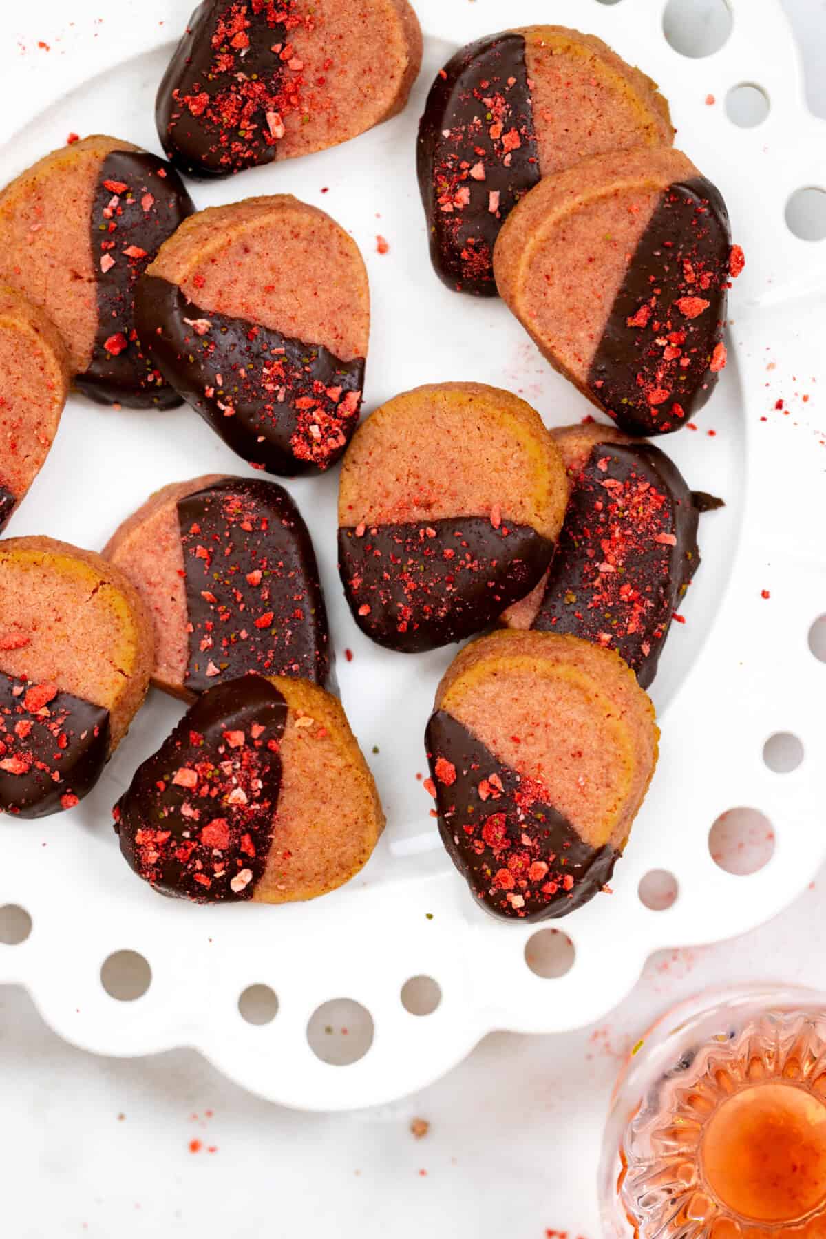 Chocolate Dipped Strawberry Cookies close up