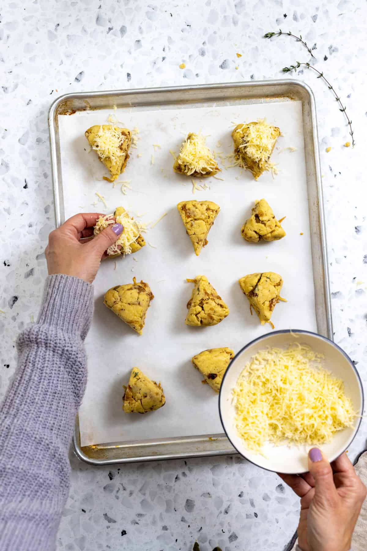 Topping Savory Onion Scones with Gruyere cheese