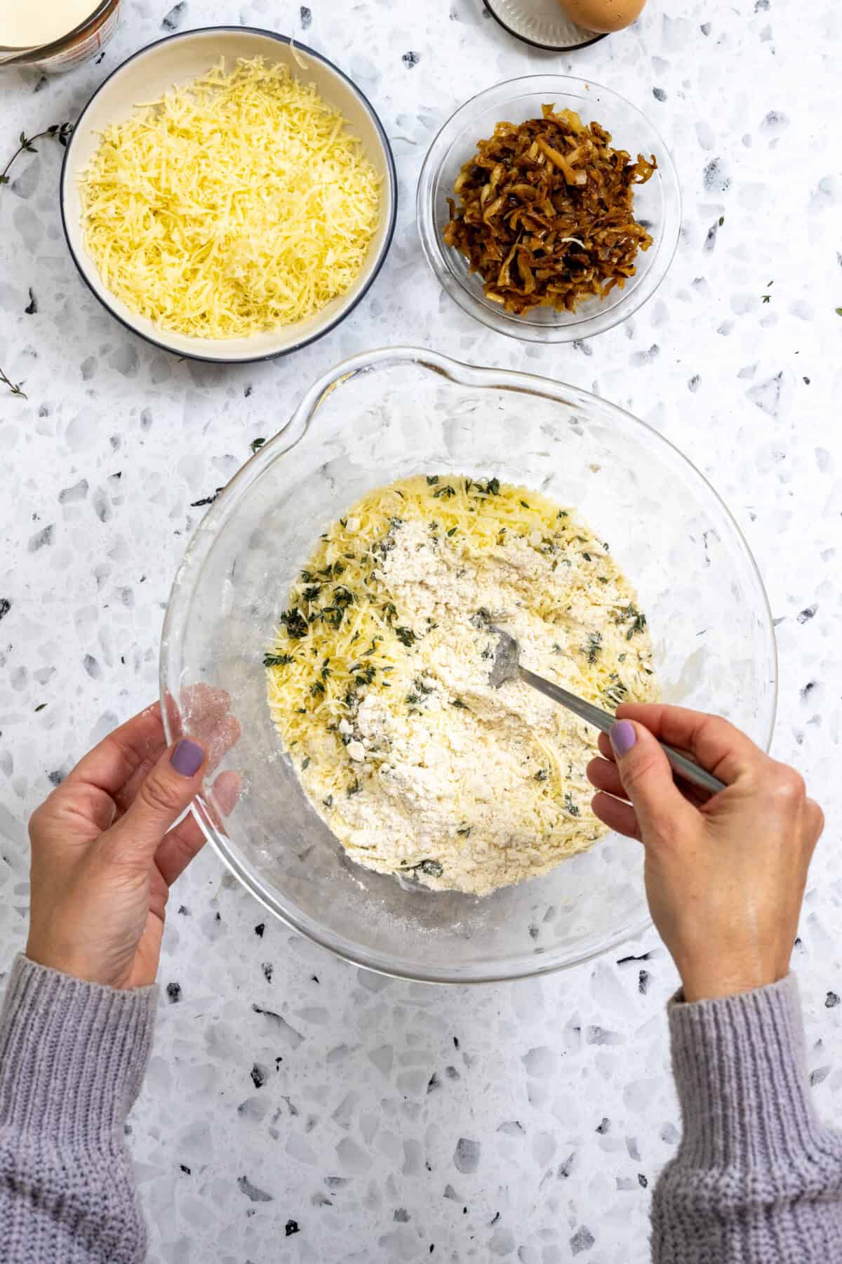 blending savory onion scone dough