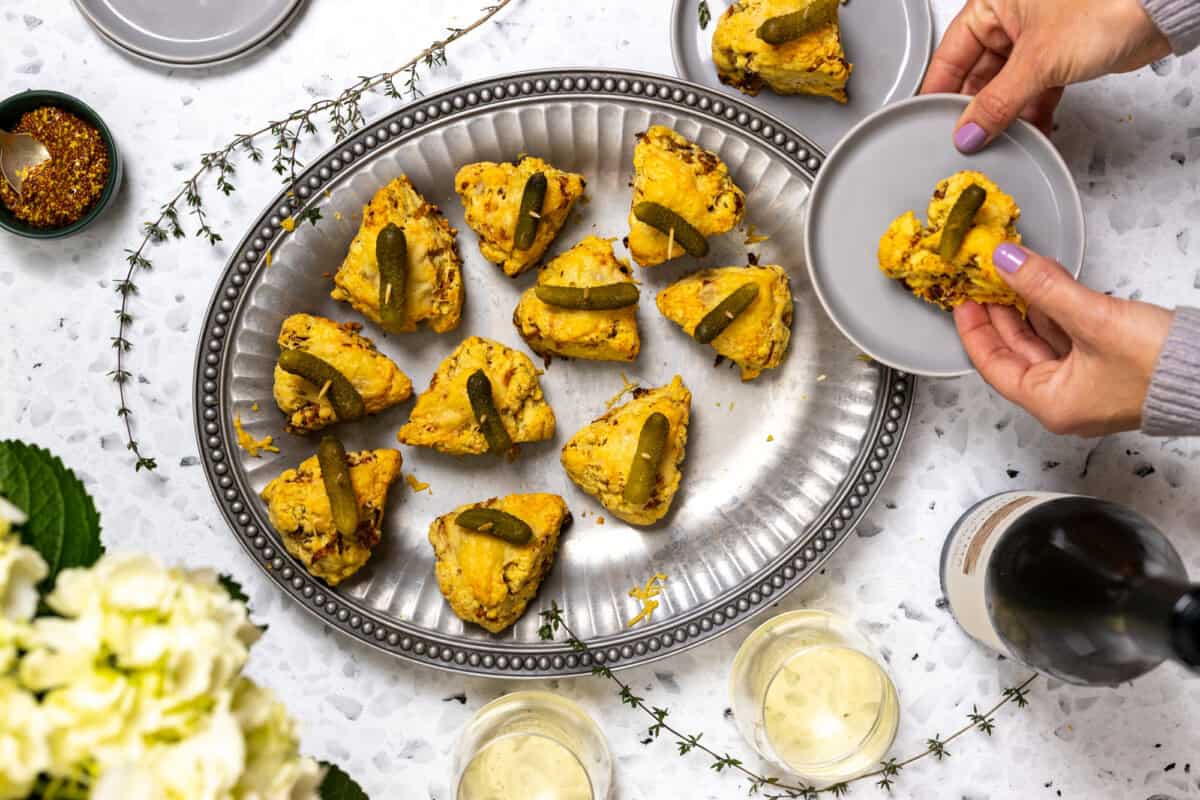 Elegance is a platter of French Onion Scones with Cornichons & white wine