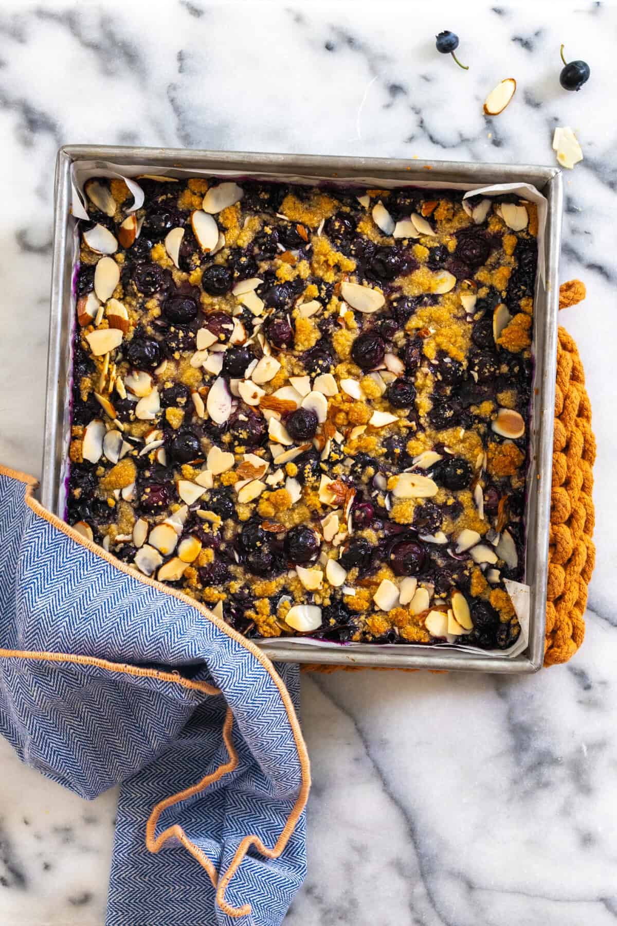 Blueberry Almond Crumble Bars cooling in pan