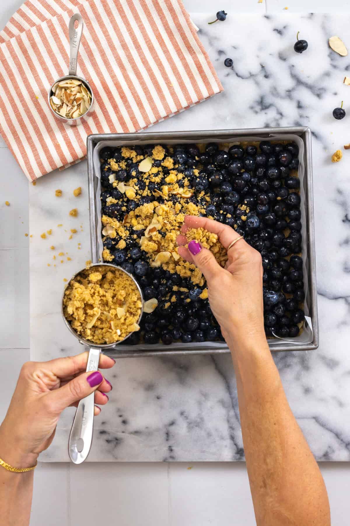 Adding crumble top to pan