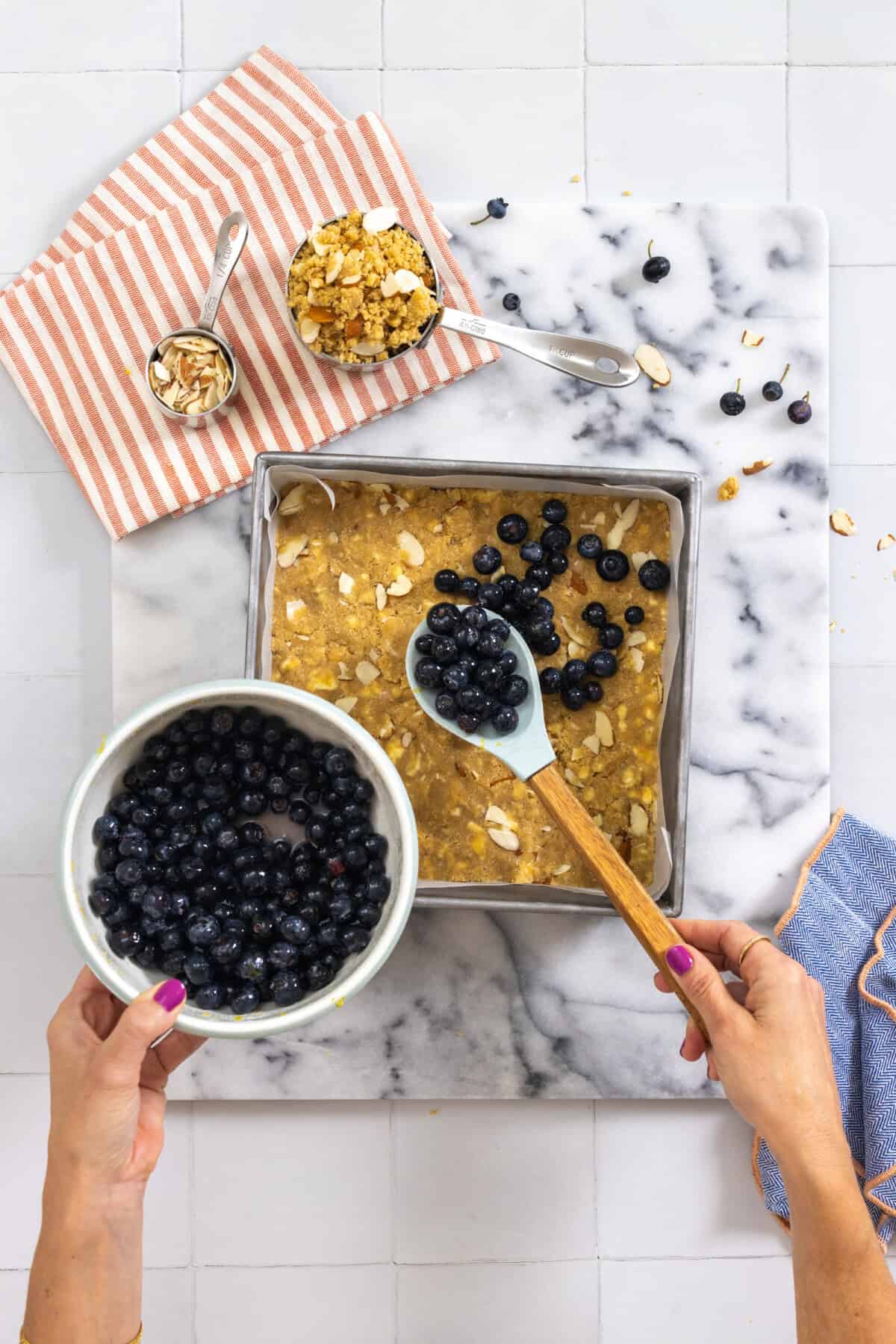 Assembling Blueberry Almond Crumble Bars