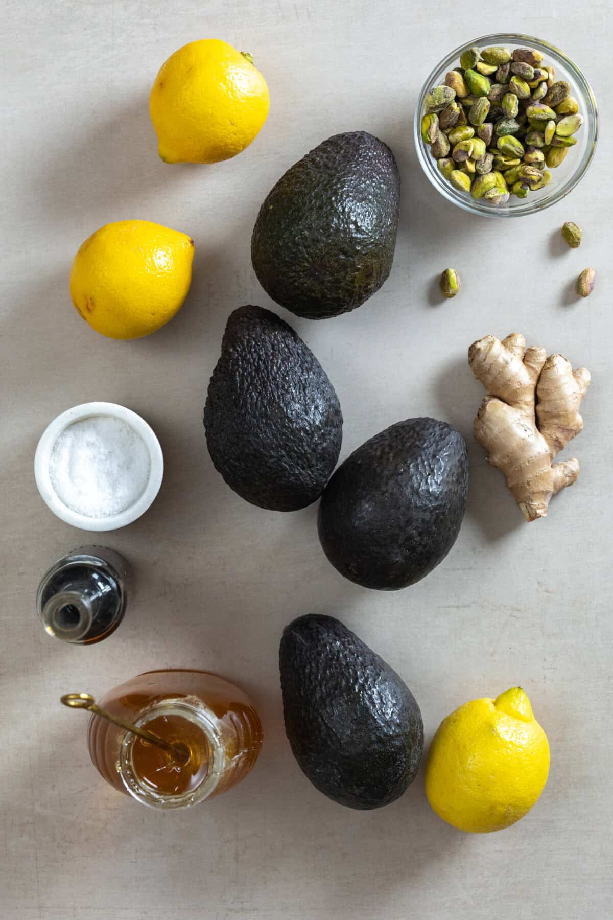 Avocado, lemons, ginger, honey, salt, vanilla and pistachios
