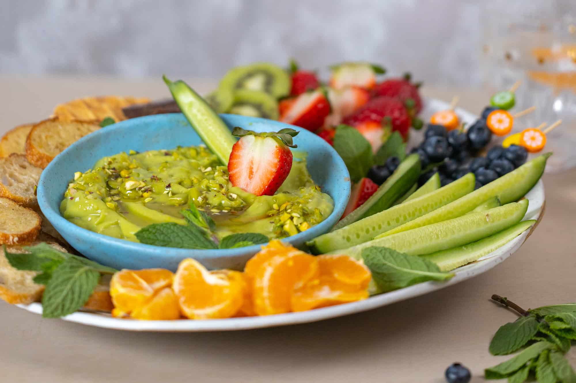 Honey Citrus Avocado Dip on a platter