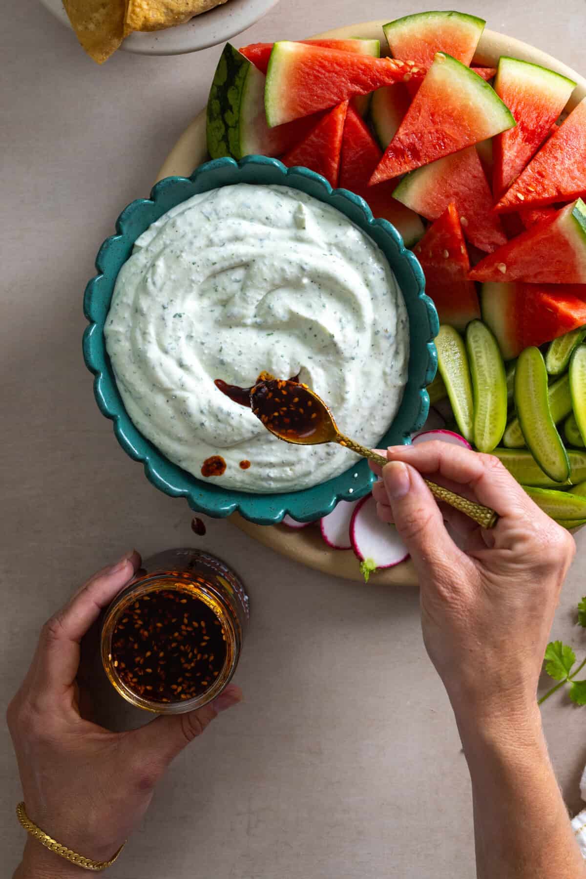 chili oil on cottage cheese dip