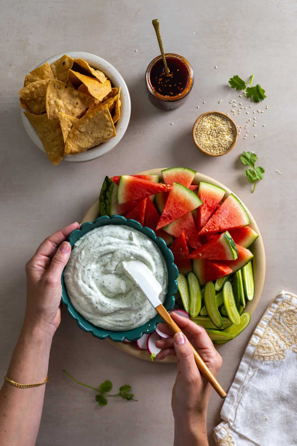 Swirling sweet and spicy cottage cheese dip