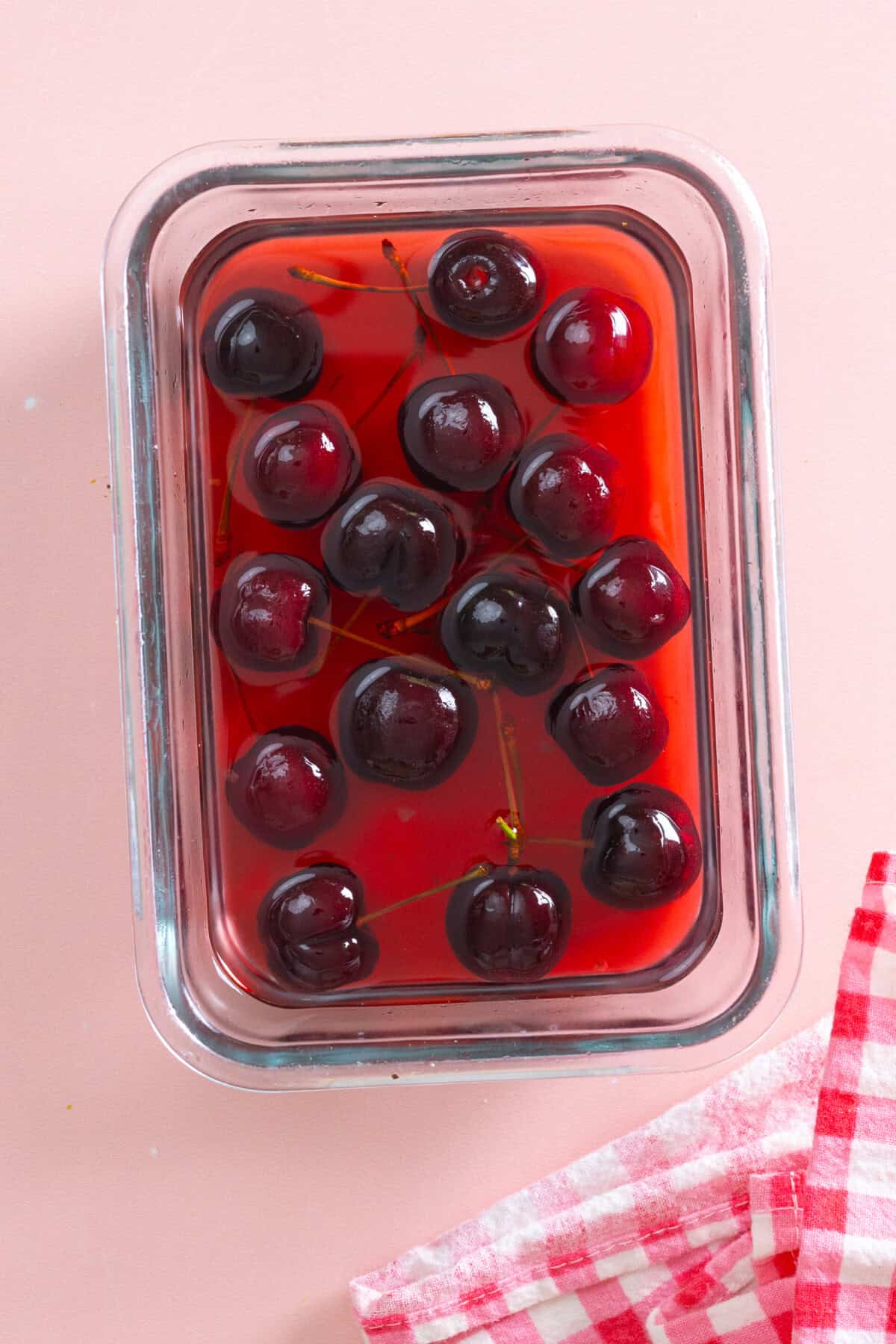 Cherries after soaking in brandy simple syrup overnight