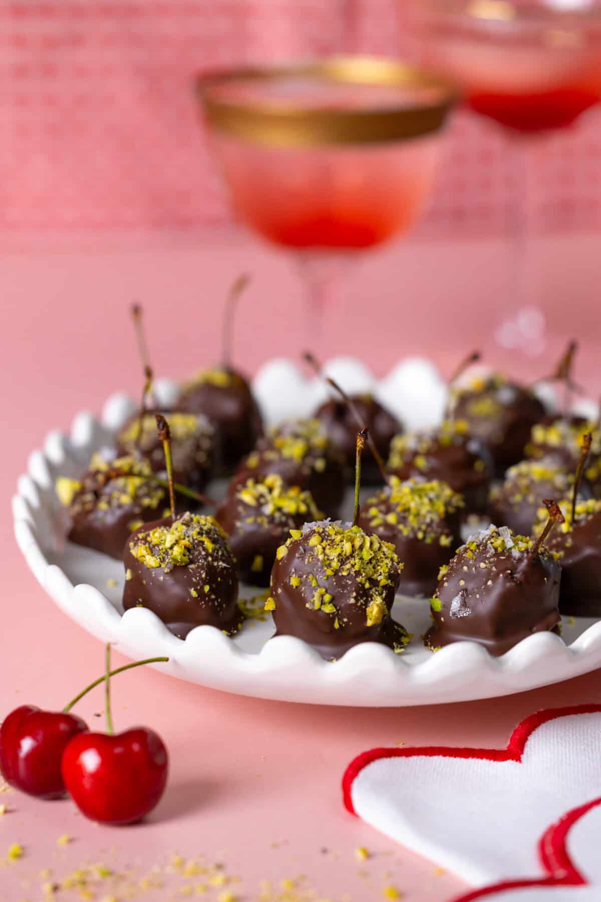 Chocolate Prune Cherry Bombs with cocktails