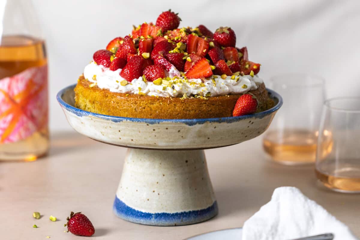 Strawberry Pistachio Olive Oil Cake on Irvin Lin original original cake stand