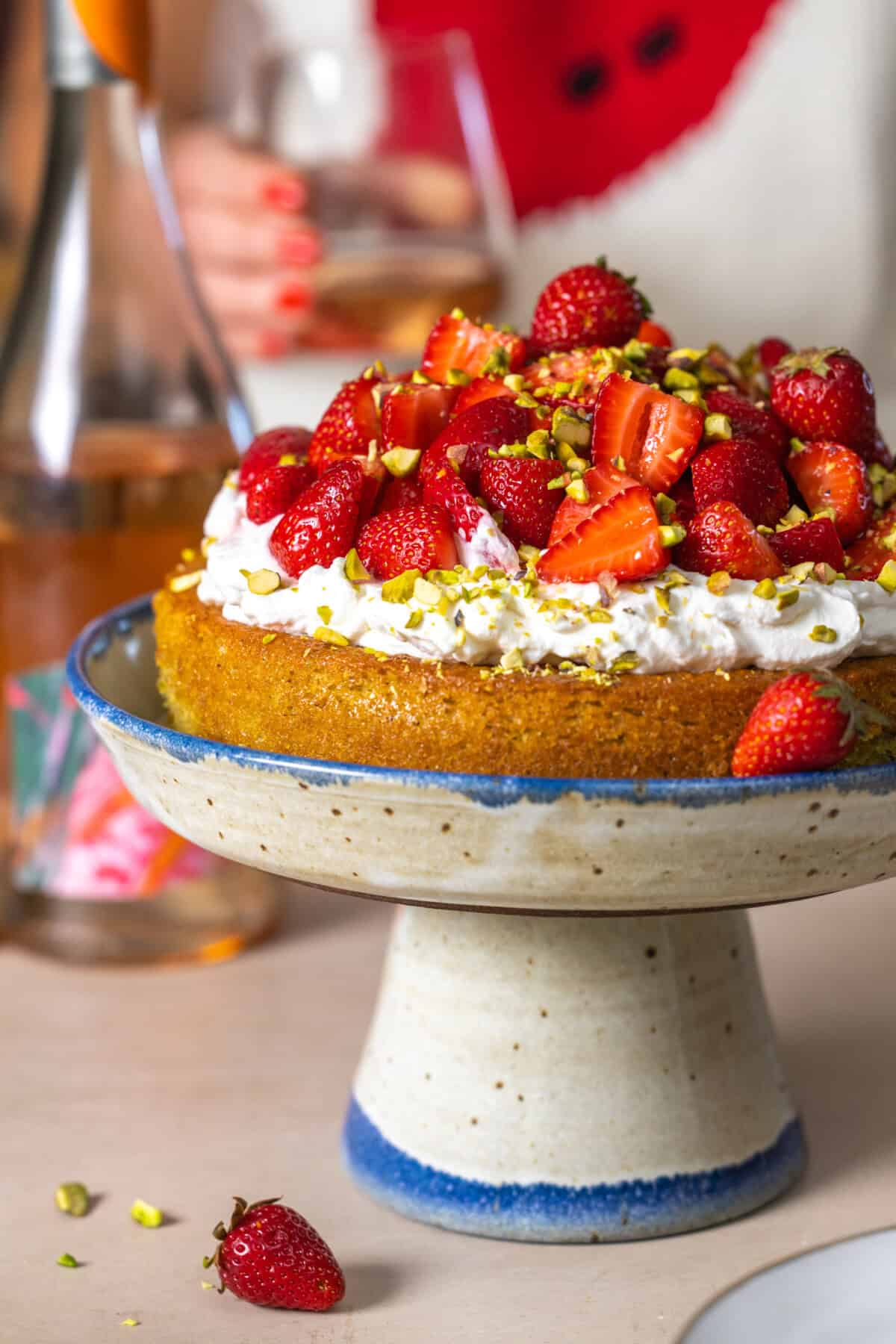 Strawberry Pistachio Olive Oil Cake with a shirt to match!