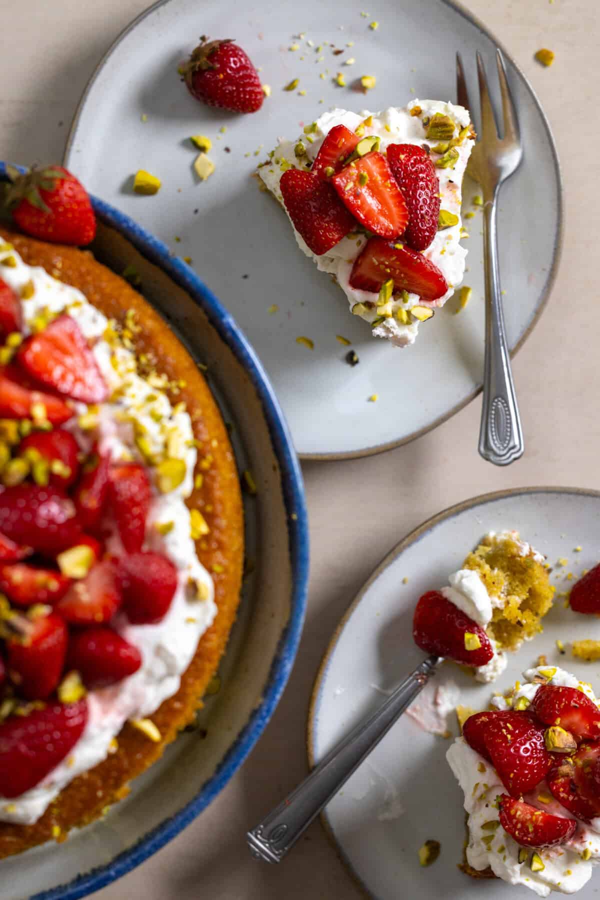 Slices of Strawberry Pistachio Olive Oil Cake