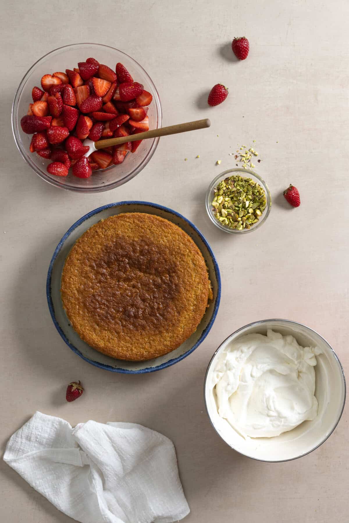 components for assembling Strawberry Pistachio Olive Oil Cake