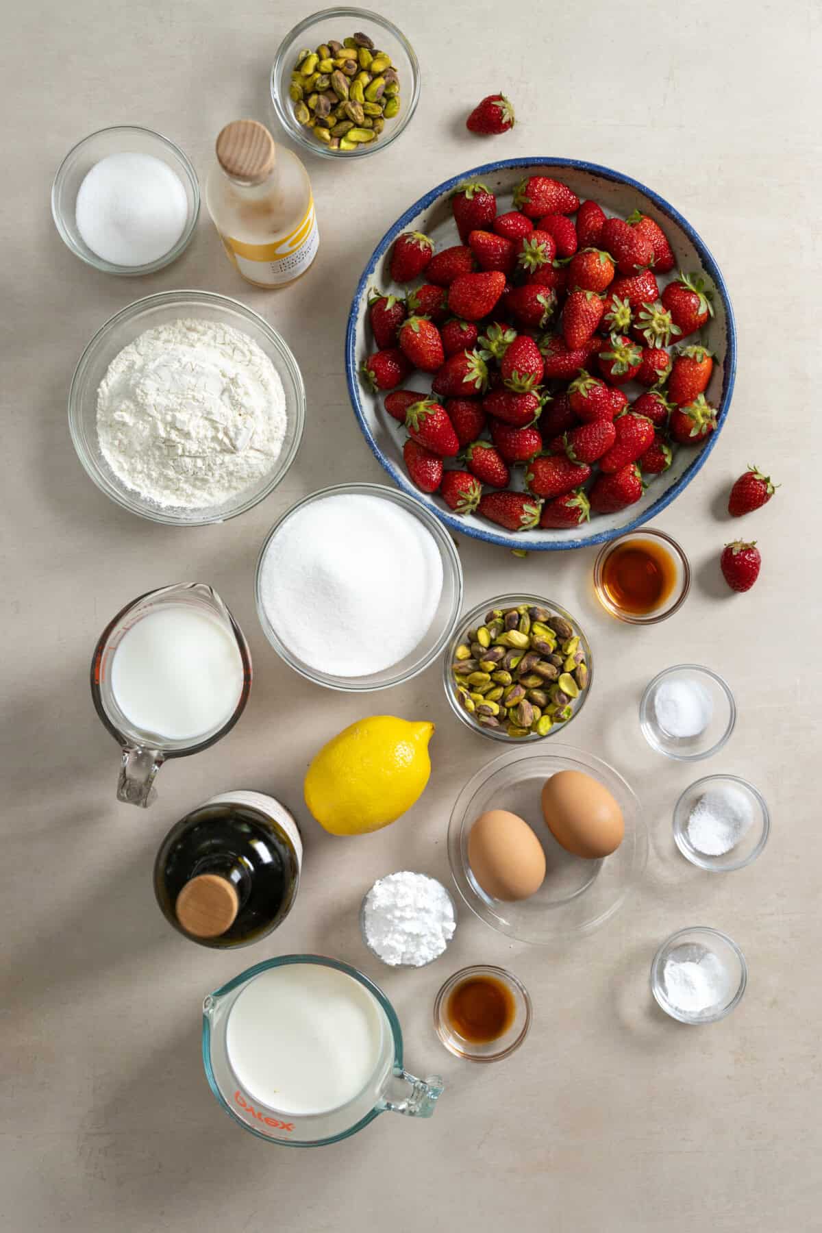 Ingredients for Strawberry Pistachio Olive Oil Cake
