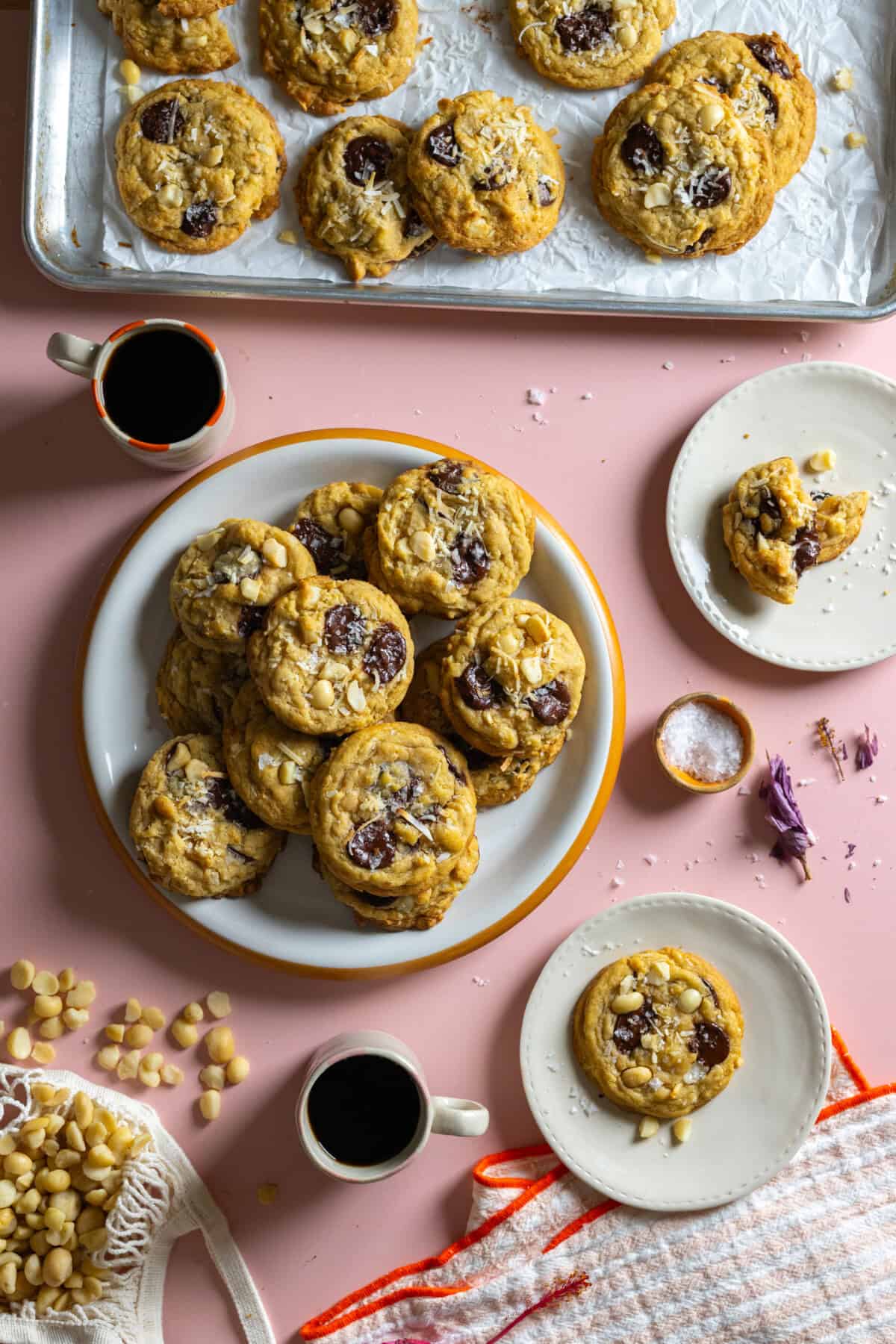 Serving Macadamia Nut Coconut Chocolate Chip Cookies with Hawaiian coffee