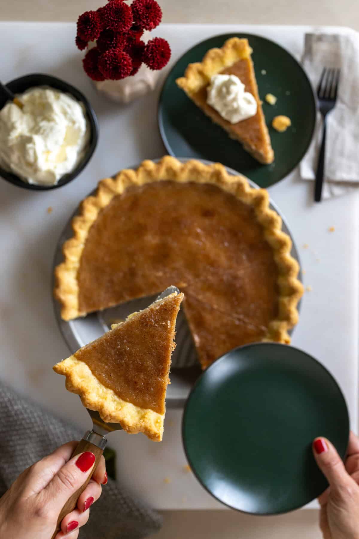 Serving Hot Buttered Rum Sugar Cream Pie