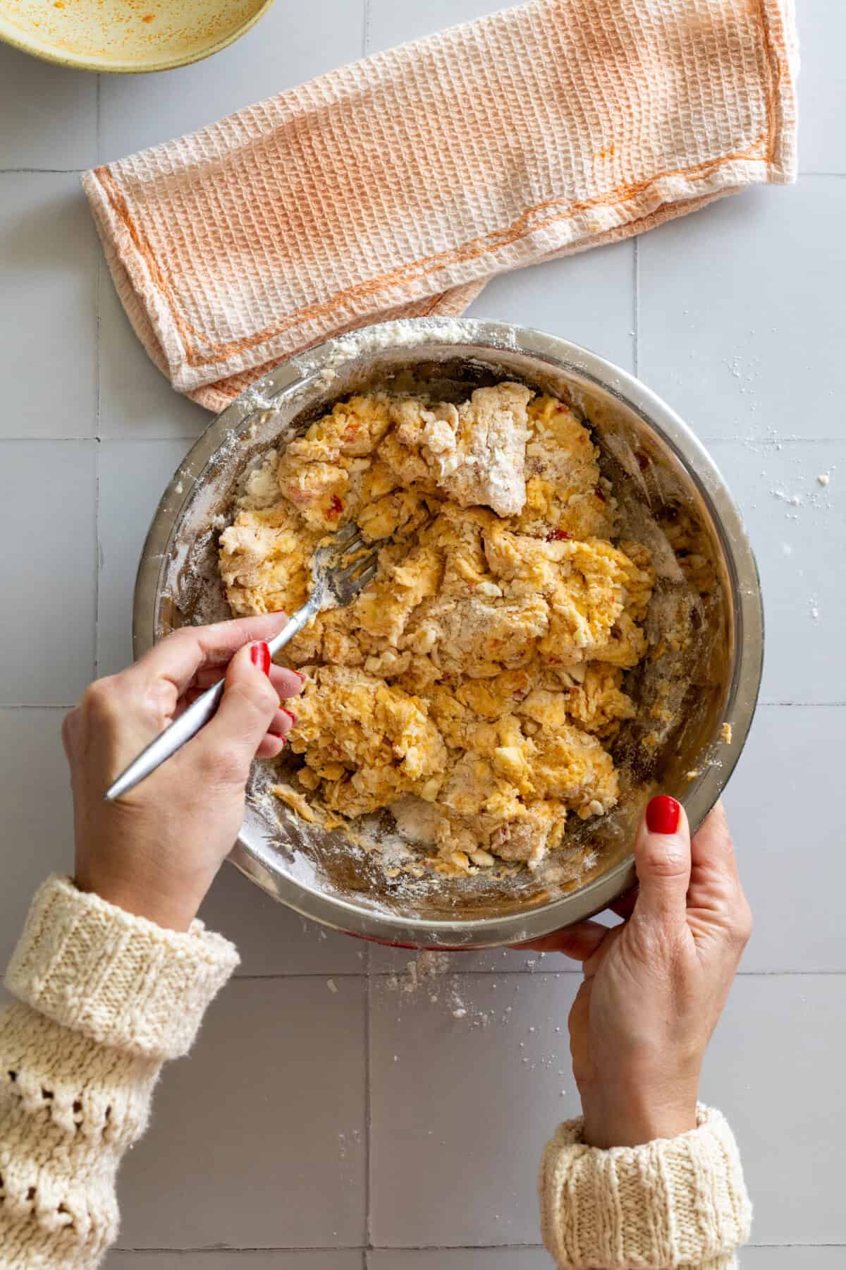 blending Calabrian Chili Pecorino Honey Scone dough