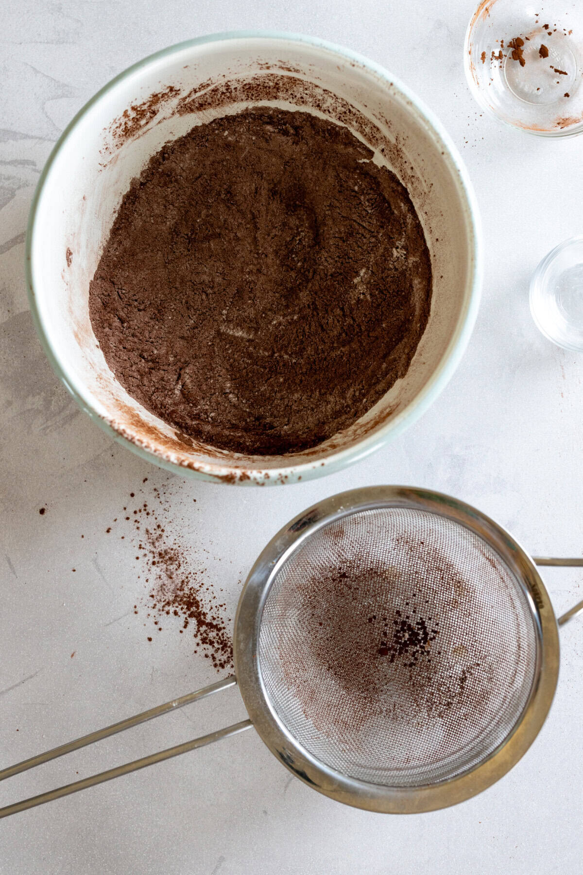 sifting dry ingredients for chocolate cake