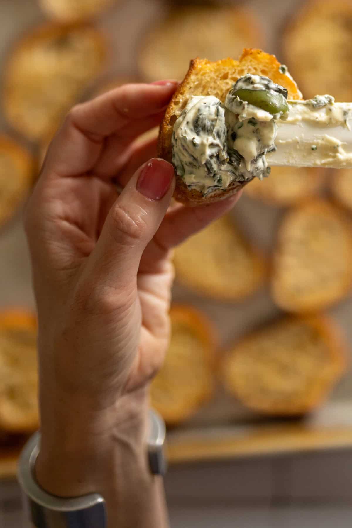 Topping Spinach Olive Dip Crostini