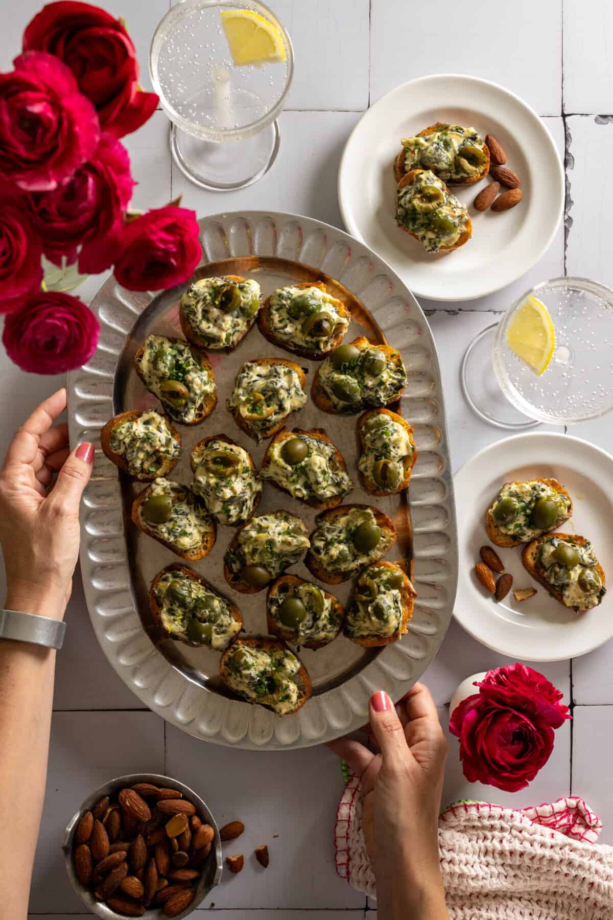 Serving Spinach Olive Dip Crostini