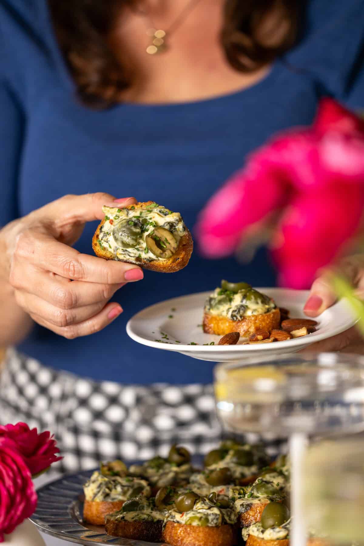 Spinach Olive Dip Crostini appetizer plate